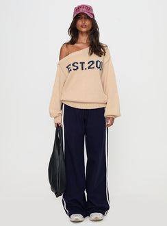 front view of model wearing Princess Polly Jadynn Off Shoulder Knit Sweater Cream Jumpers 
