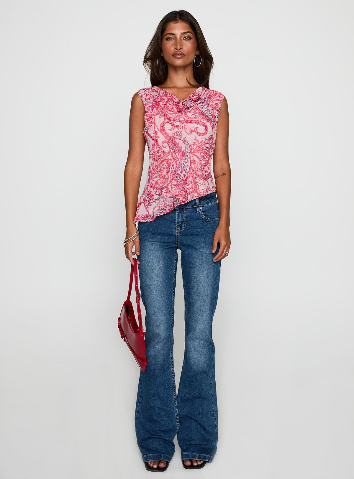 front view of model wearing Princess Polly Blame The Rain Cowl Neck Top Pink Paisley Sleeveless Cowl 