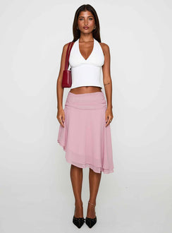   front view of model wearing Princess Polly Evanescence Asymmetrical Midi Skirt Pastel Pink Midi Skirts 