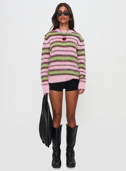 back view of model wearing Princess Polly Maysie Crew Neck Knit Sweater Green / Pink Longline Jumpers Jumpers 