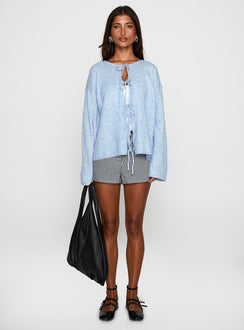 front view of model wearing Princess Polly Frosty Knit Cardigan Blue Longline Jumpers Jumpers 