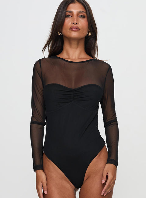 front view of model wearing Princess Polly Delanee Mesh Detail Long Sleeve Bodysuit Black Long Sleeve Tops Bodysuit 