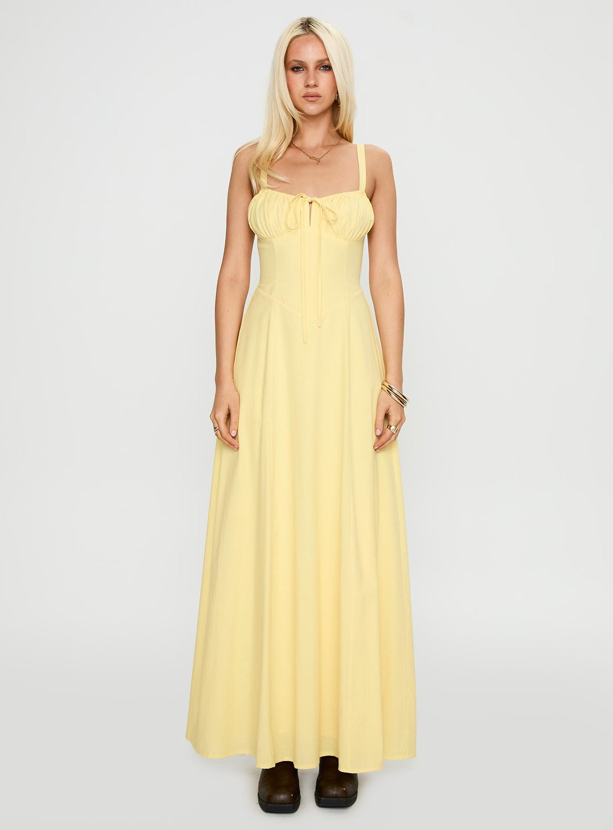 front view of model wearing Princess Polly Leticia Maxi Dress Lemon Sweetheart Neckline 