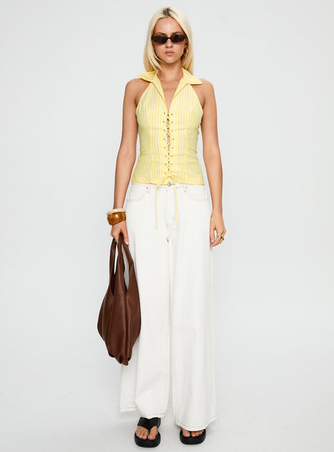 front view of model wearing Princess Polly Dress You Up Tie Up Top Lemon Pinstripe Sleeveless Plunger 