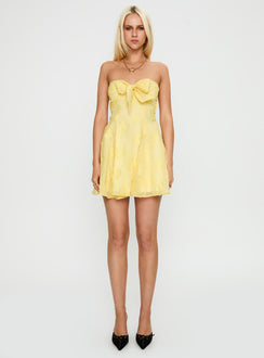 front view of model wearing Princess Polly Loulani Strapless Mini Dress Lemon Sweetheart Neckline 