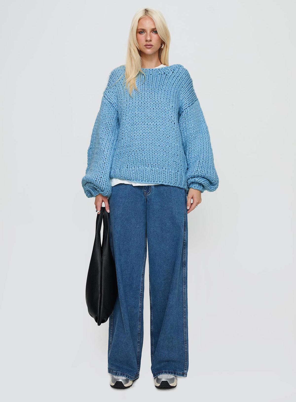 side view of model wearing Princess Polly Arrowtown Hand Knit Sweater Blue Longline Jumpers Jumpers 