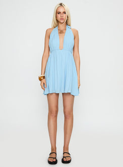 front view of model wearing Princess Polly Saddler Mini Dress Blue Plunger 