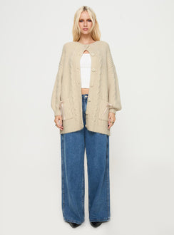 side view of model wearing Princess Polly Cameliah Knit Cardigan Cream Longline Jumpers Jumpers 