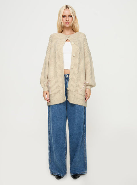 side view of model wearing Princess Polly Cameliah Knit Cardigan Cream Longline Jumpers Jumpers 