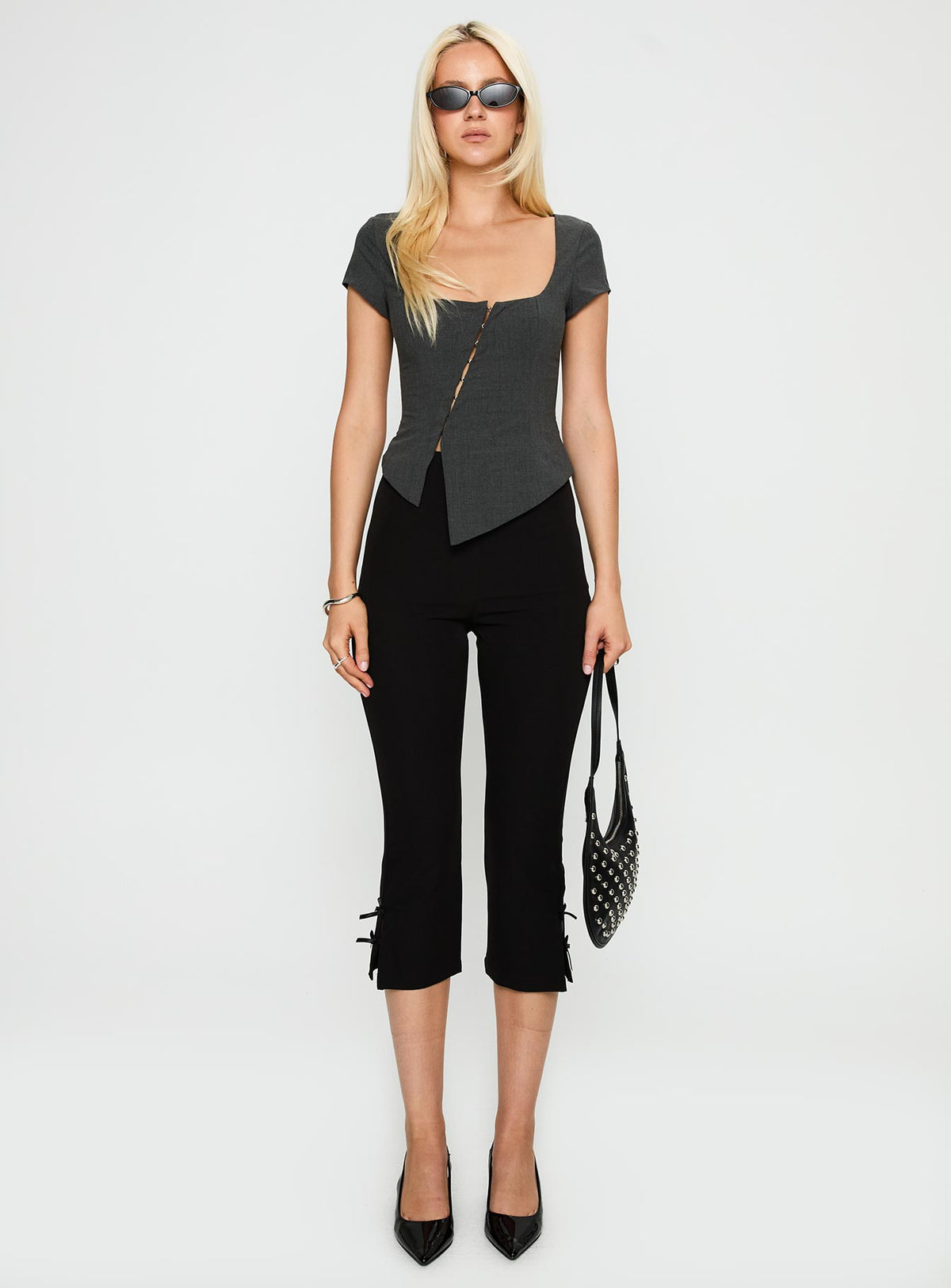front view of model wearing Princess Polly Memory Bliss Asymmetrical Top Grey Short Sleeves Square Neck 