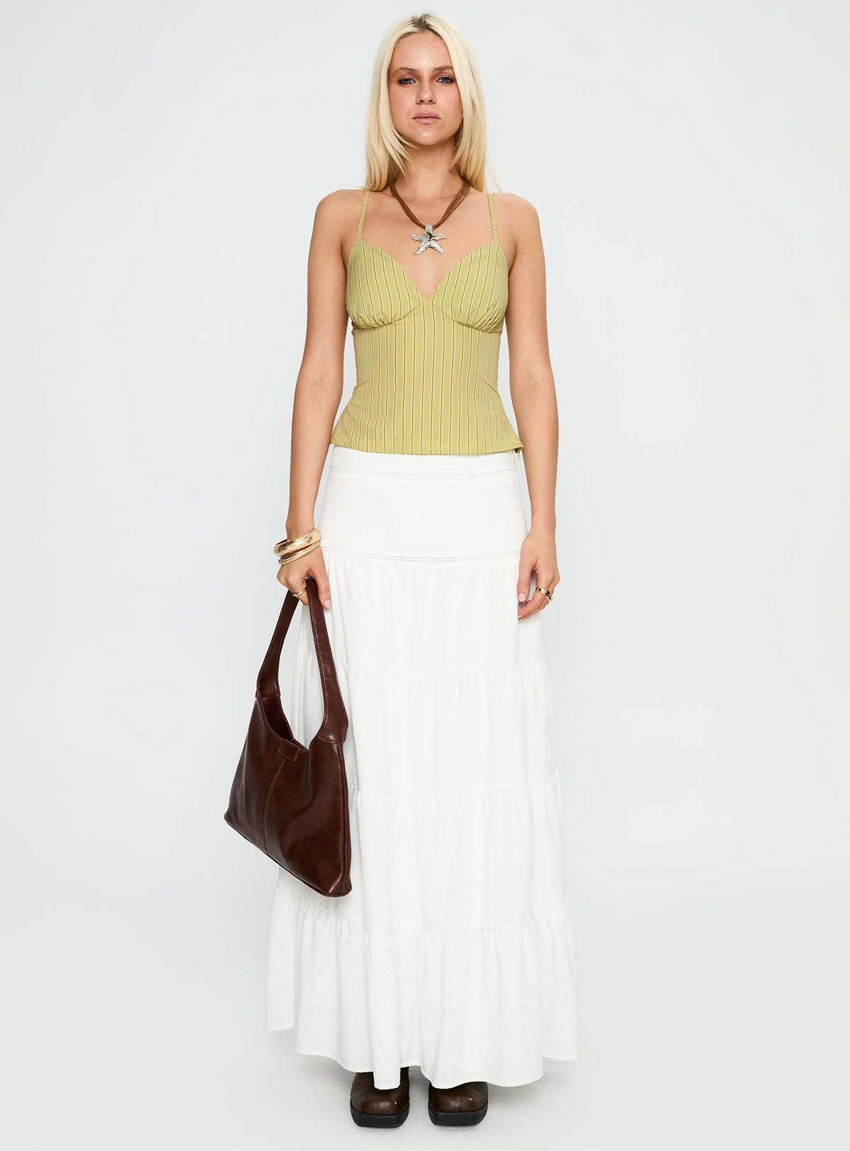 front view of model wearing Princess Polly Lucky Babe Cami Top Sage Stripe Sleeveless Plunger 