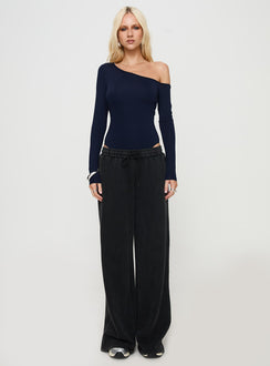 front view of model wearing Princess Polly Caylum One Shoulder Bodysuit Navy Long Sleeve Tops Bodysuit 