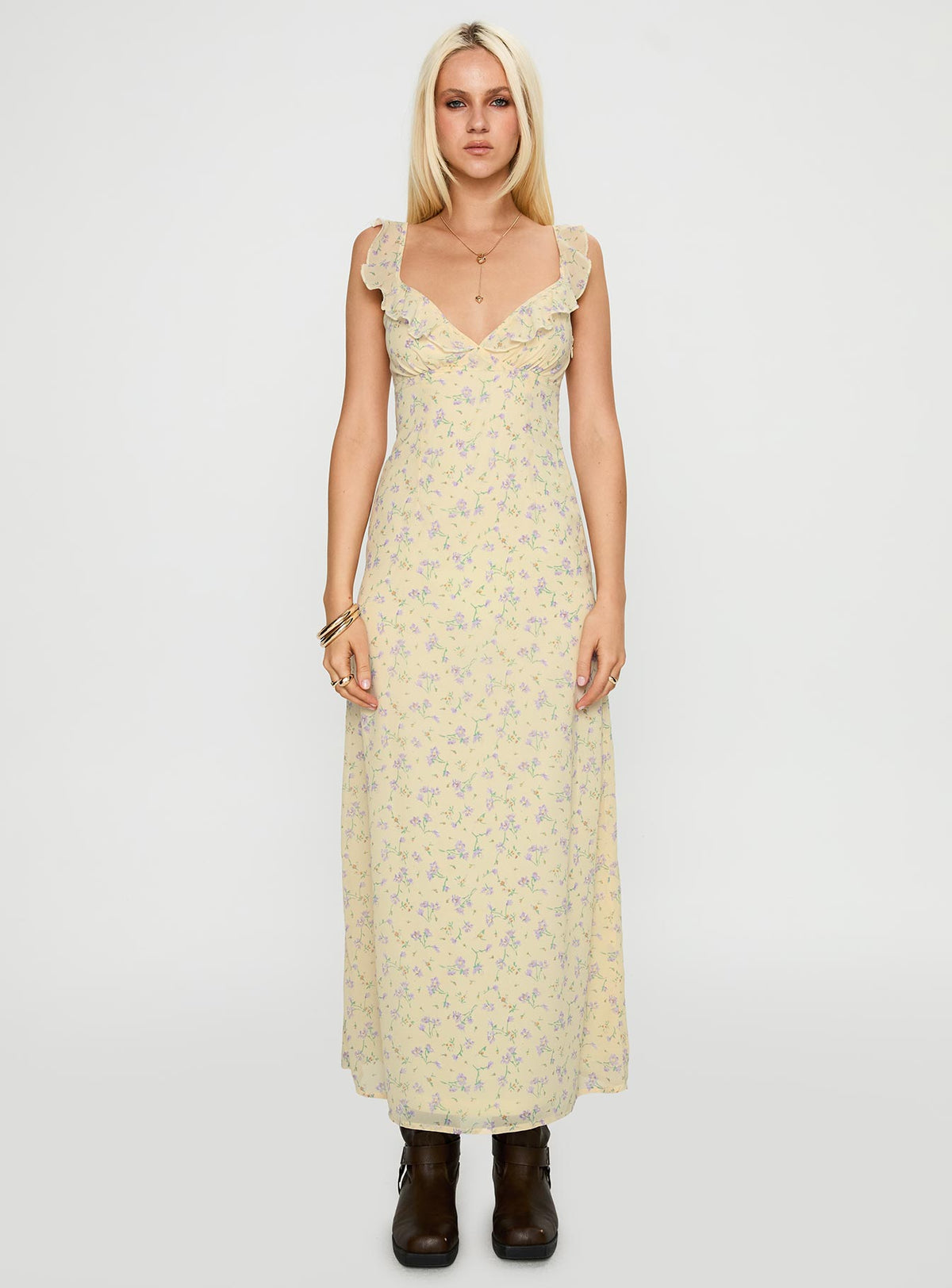 side view of model wearing Princess Polly Jayne Frill Maxi Dress Multi Plunger 