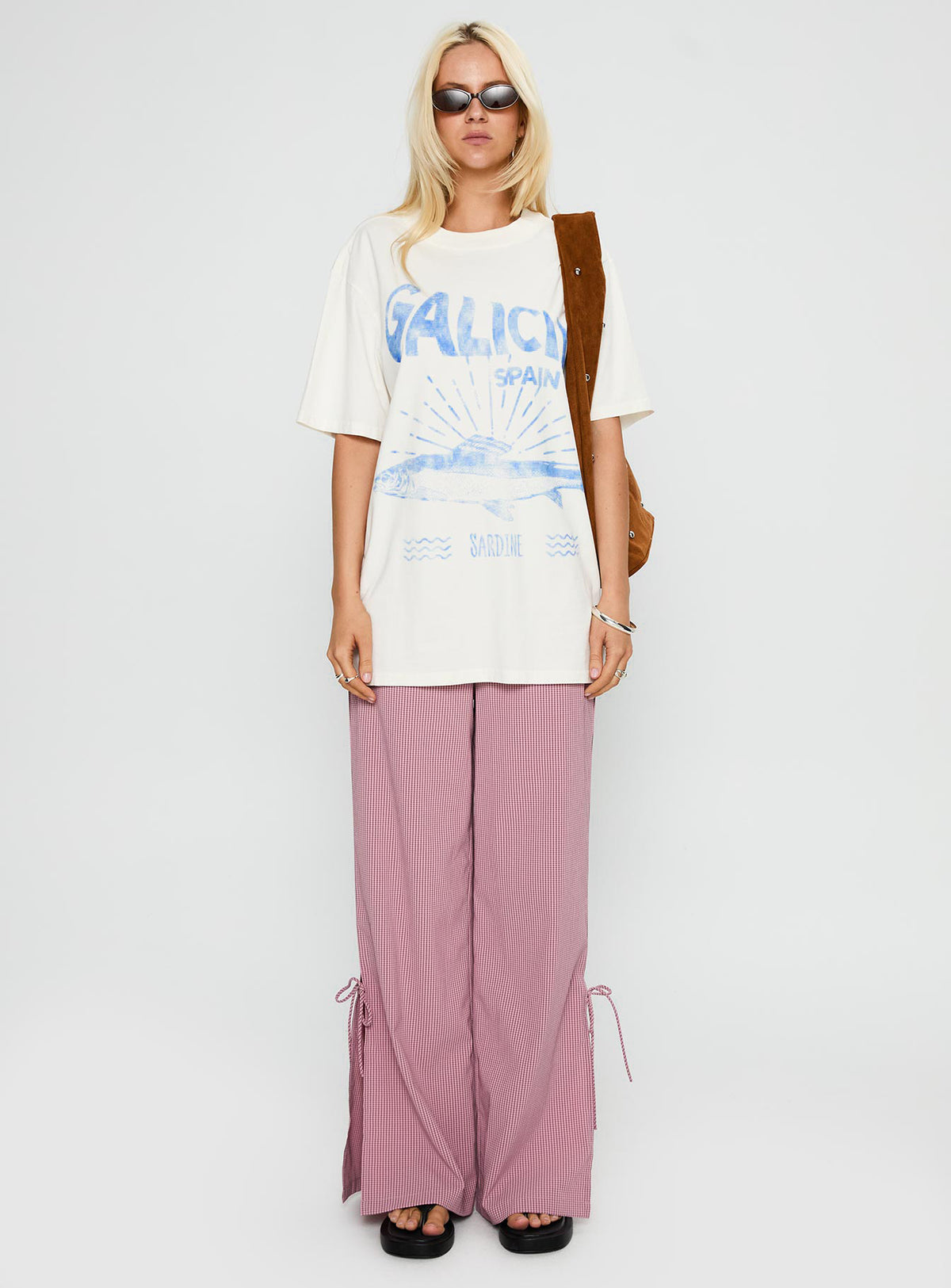 front view of model wearing Princess Polly Jinxie Tie Side Pants Pink Gingham High Rise Pants Pants 