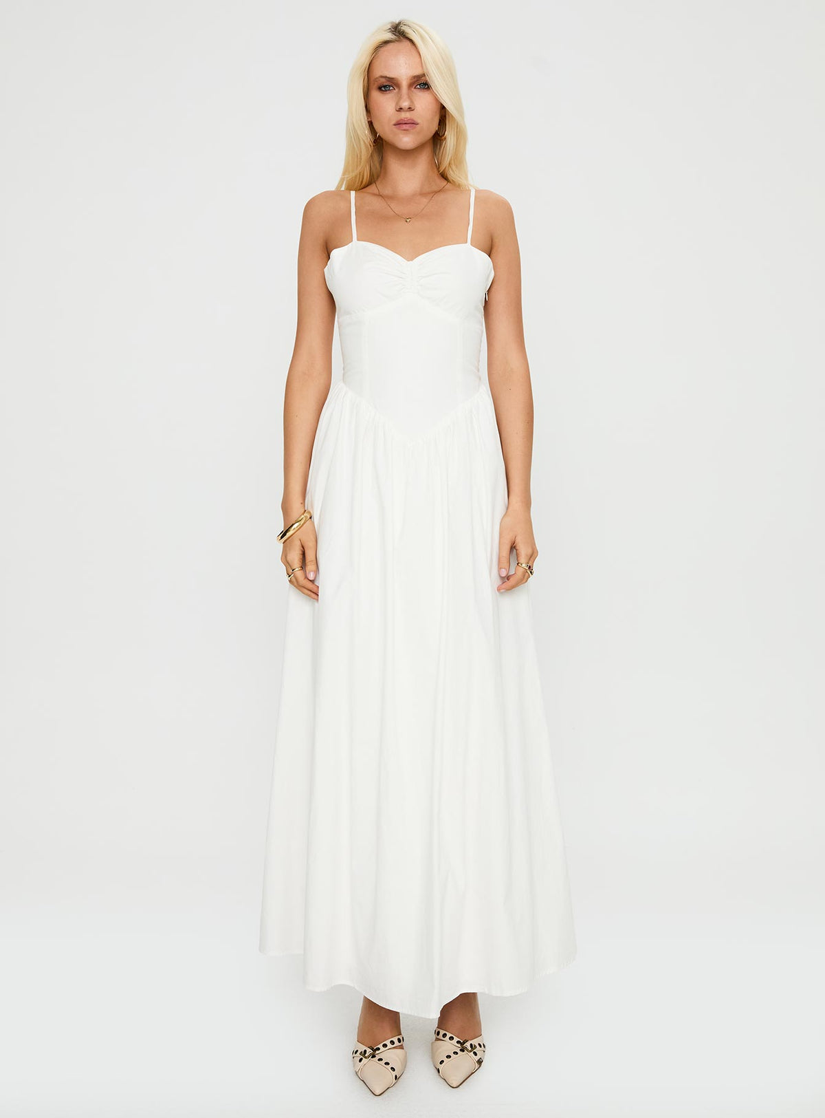 back view of model wearing Princess Polly Ceremonious Maxi Dress White Sweetheart Neckline 