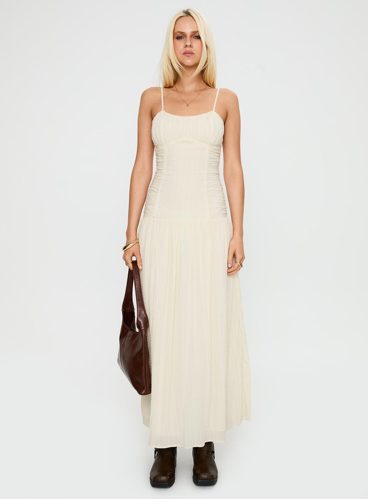 front view of model wearing Princess Polly Quinley Shirred Maxi Dress Cream Scoop Neck 