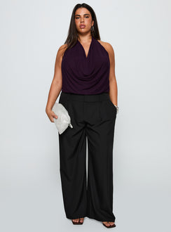 back view of model wearing Princess Polly Carefree Days Cowl Neck Top Purple Curve Sleeveless Cowl 