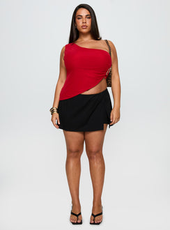 front view of model wearing Princess Polly For The Thrill Skort Black Curve High Waisted Shorts 