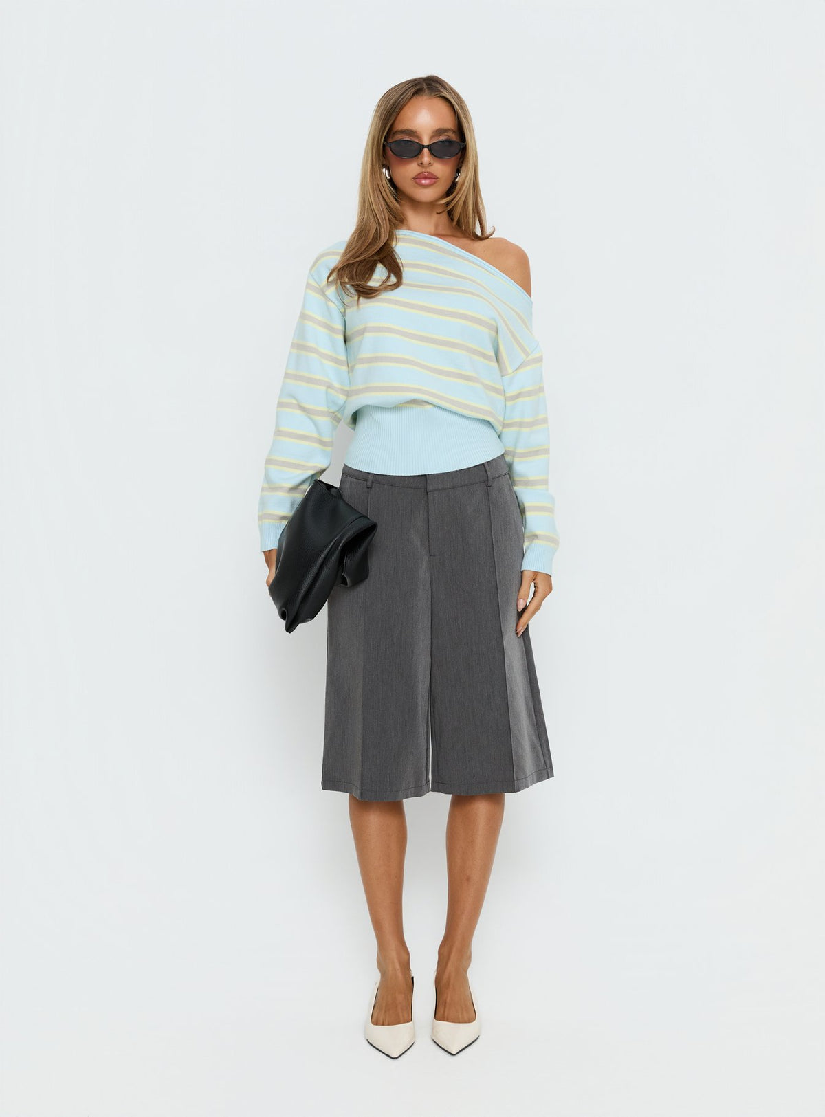side view of model wearing Princess Polly Zinia Off Shoulder Knit Sweater Grey / Blue Stripe Cropped Jumpers Jumpers 