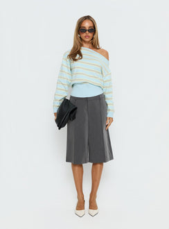 side view of model wearing Princess Polly Zinia Off Shoulder Knit Sweater Grey / Blue Stripe Cropped Jumpers Jumpers 
