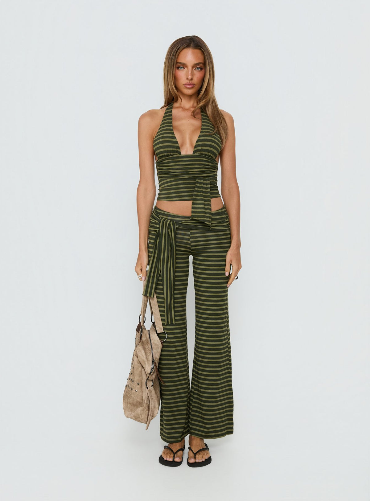 front view of model wearing Princess Polly Esata Tie Detail Pants Green Stripe Mid Rise Pants Pants 