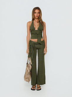 front view of model wearing Princess Polly Esata Tie Detail Pants Green Stripe Mid Rise Pants Pants 