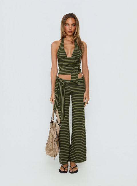 front view of model wearing Princess Polly Esata Tie Detail Pants Green Stripe Mid Rise Pants Pants 