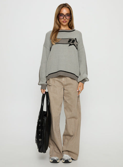 front view of model wearing Princess Polly Star Track Graphic Jumper Grey Longline Jumpers Jumpers 