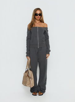 Discover the Airazo Off Shoulder Zip Through Jumper Grey womens-jumpers with short length and oversized fit front view of model wearing