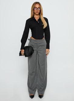 front view of model wearing Princess Polly Jinny Relaxed Buckle Tailored Pants Grey Pinstripe Low Rise Pants Pants 