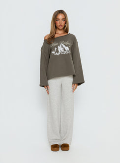 front view of model wearing Princess Polly Bekki Wide Leg Knit Pant Grey Marle High Rise Pants Pants 