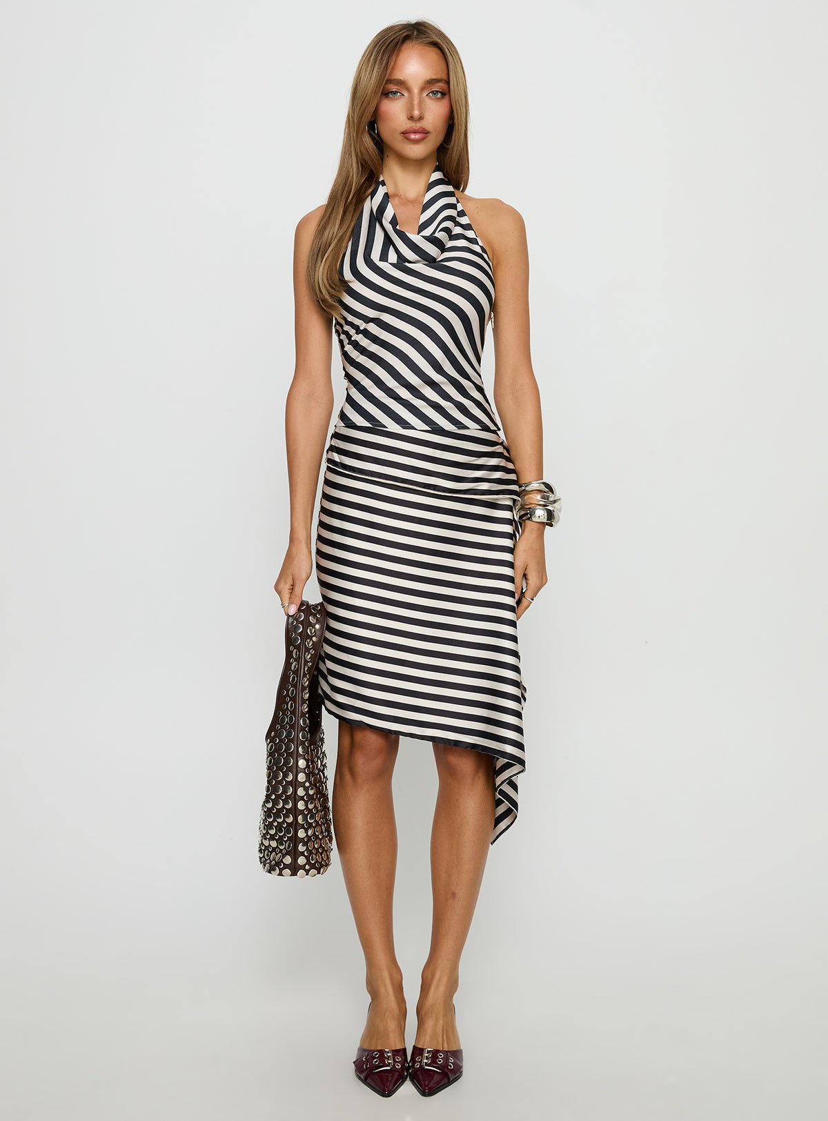   front view of model wearing Princess Polly Allure Midi Skirt Noir Stripe Midi Skirts Skirts 
