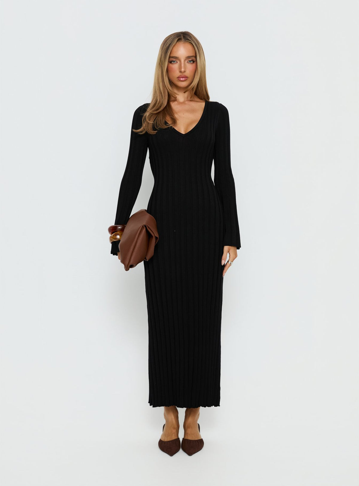 Gratuita Long Sleeve Rib Maxi Dress Black