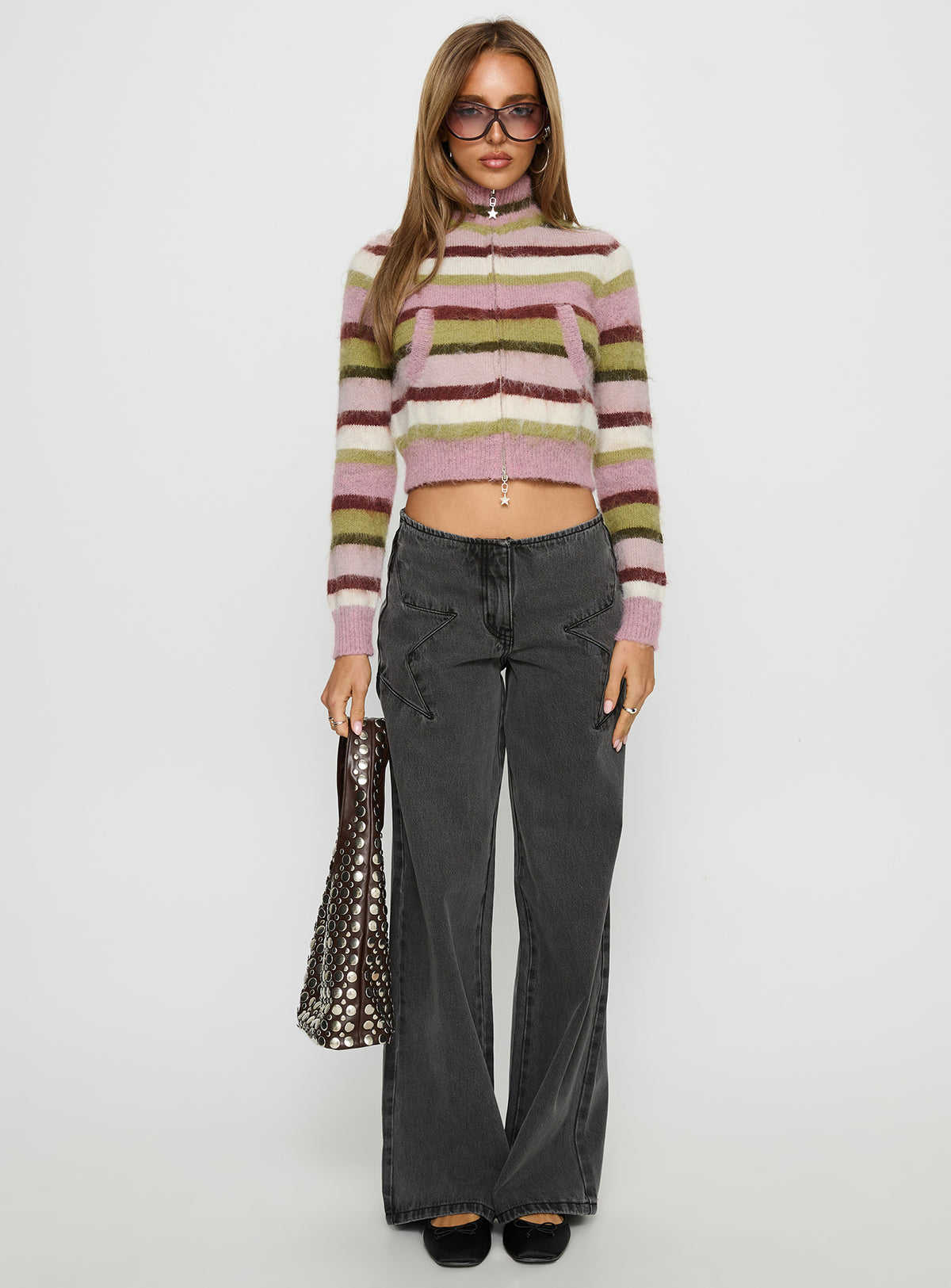 side view of model wearing Princess Polly Keeva Zip Through Knit Jumper Pink / Green Stripe Jumpers 