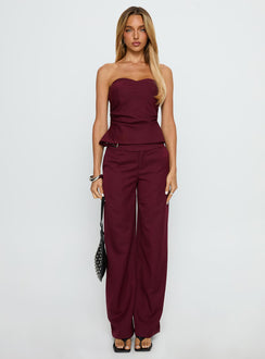 front view of model wearing Princess Polly Jinny Relaxed Buckle Tailored Pants Berry Pinstripe Low Rise Pants Pants 