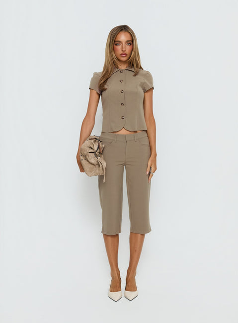 front view of model wearing Princess Polly Tunian Capri Tailored Pants Taupe Mid Rise Pants Pants 