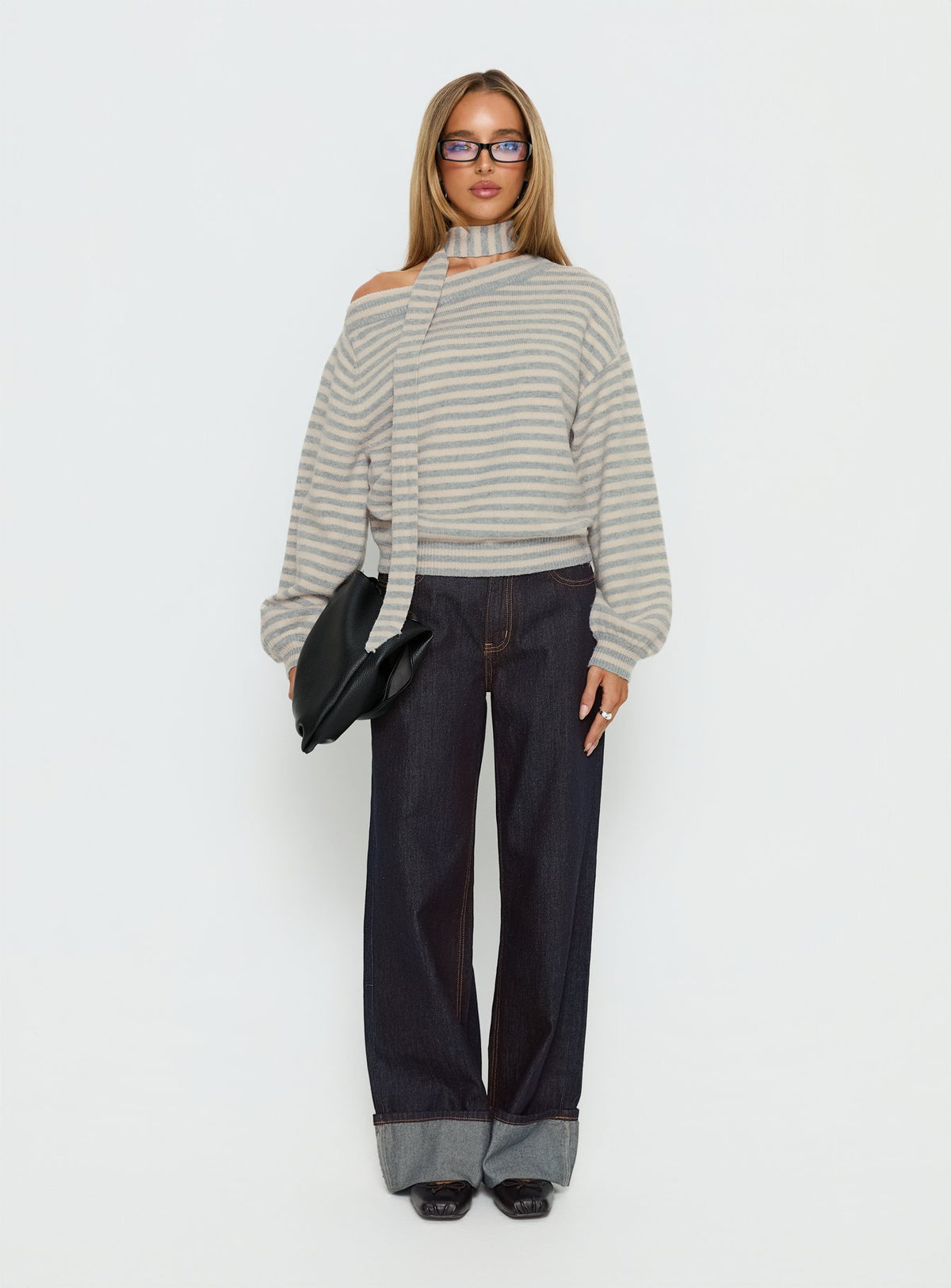 back view of model wearing Princess Polly Ruthi Scarf Off Shoulder Knit Sweater Neutral Stripe Jumpers 