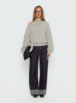 back view of model wearing Princess Polly Ruthi Scarf Off Shoulder Knit Sweater Neutral Stripe Jumpers 