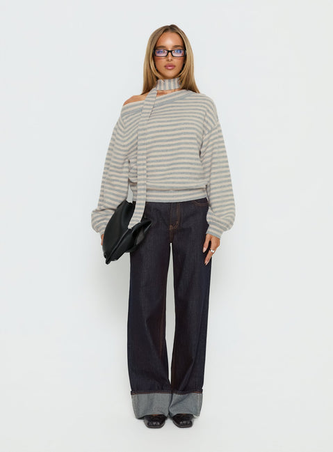 back view of model wearing Princess Polly Ruthi Scarf Off Shoulder Knit Sweater Neutral Stripe Jumpers 
