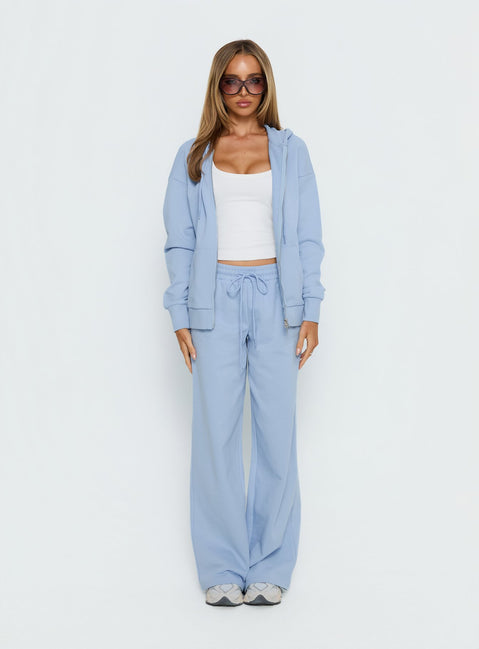 side view of model wearing Princess Polly All Day Oversized Hoodie Icy Blue regular Jumpers 