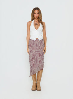 back view of model wearing Princess Polly Suella Asymmetrical Midi Skirt Paisley Multi Skirts 