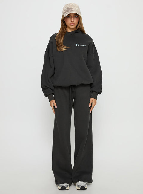 front view of model wearing Princess Polly Princess Polly Stargirl Wide Leg Sweat Pants Charcoal High Rise Pants Pants 