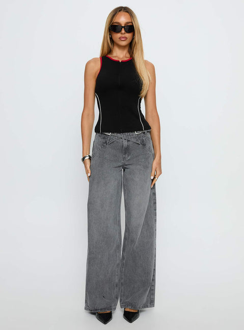 front view of model wearing Princess Polly Mckinley Mid Rise Wide Leg Jeans Washed Grey Mid Rise Jeans 