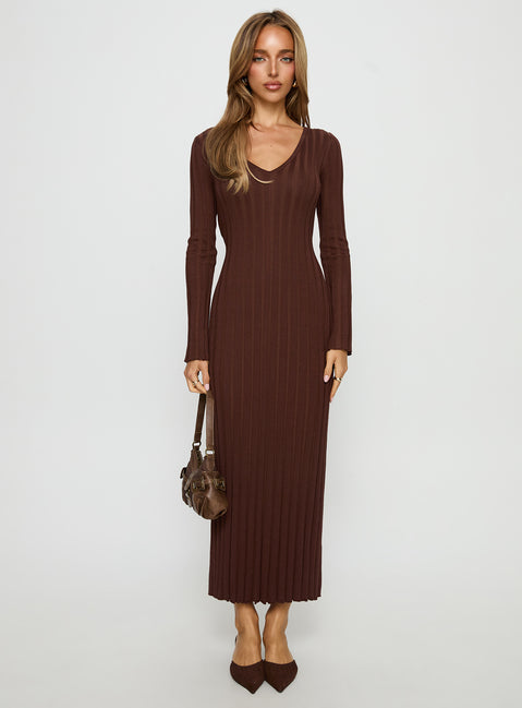 Gratuita Long Sleeve Rib Maxi Dress Chocolate