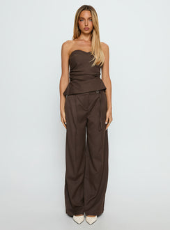 front view of model wearing Princess Polly Natilee Relaxed Tailored Pants Brown Pinstripe Low Rise Pants Pants 