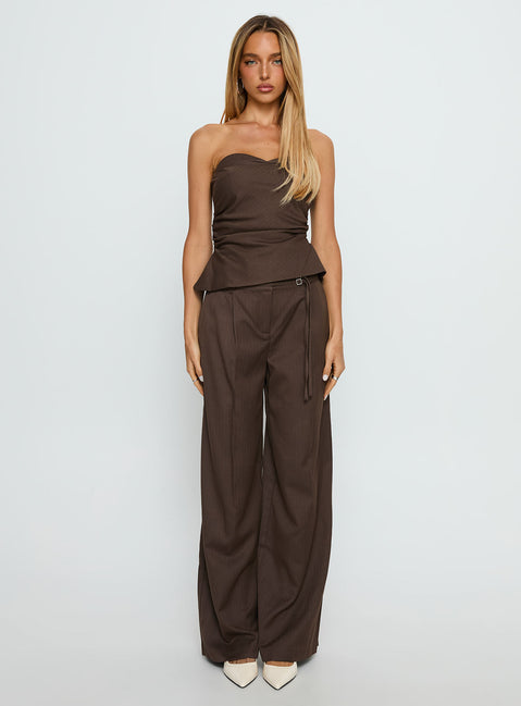 front view of model wearing Princess Polly Natilee Relaxed Tailored Pants Brown Pinstripe Low Rise Pants Pants 