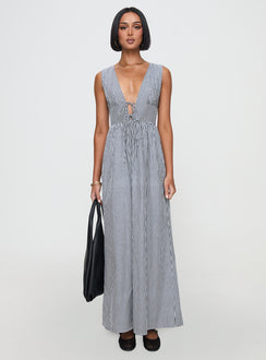 side view of model wearing Princess Polly Pokey Maxi Dress Black / White Stripe Plunger 