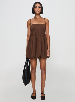 front view of model wearing Princess Polly Layken Bubble Hem Mini Dress Chocolate Petite Square Neck 