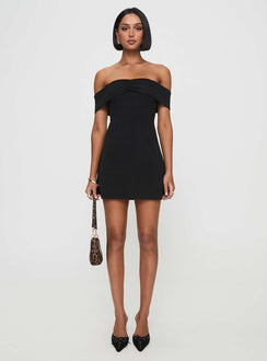 side view of model wearing Princess Polly Lanes Off The Shoulder Mini Dress Black Tall Sweetheart Neckline 
