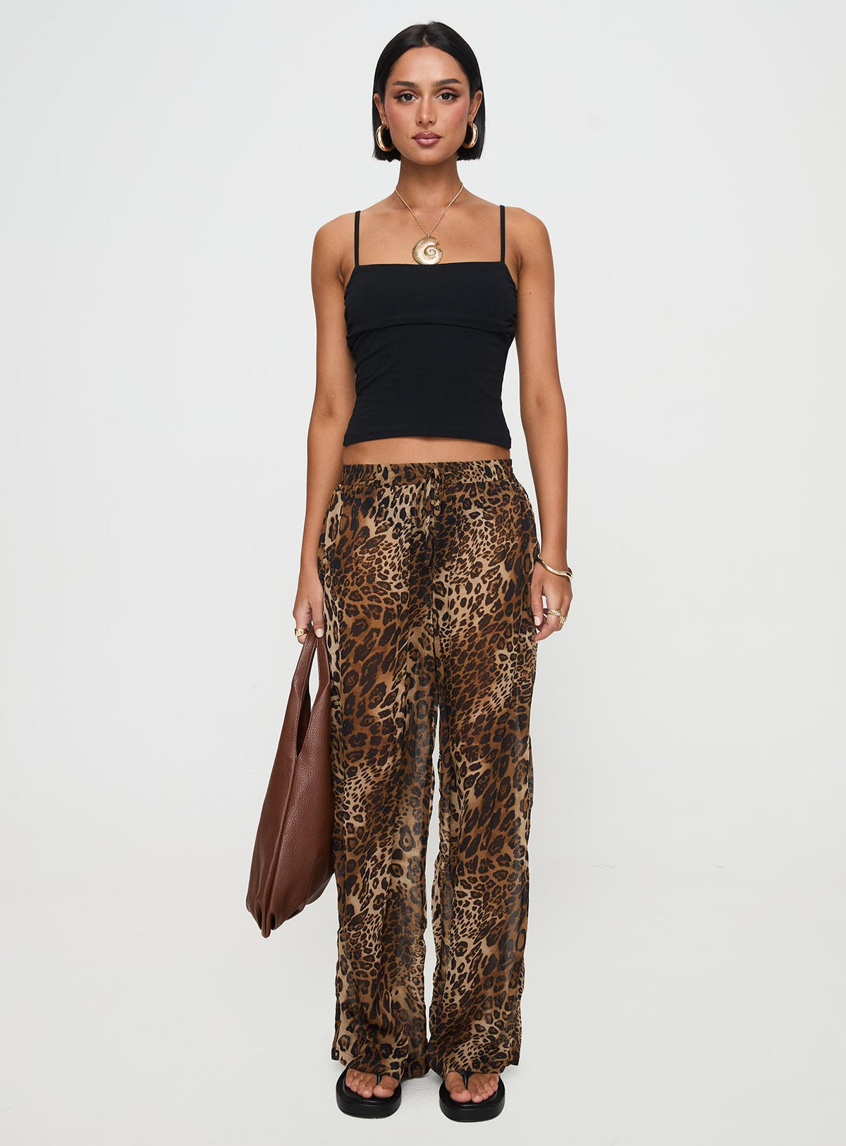 back view of model wearing Princess Polly Fyre Wide Leg Pant Leopard Petite Low Rise Pants Pants 